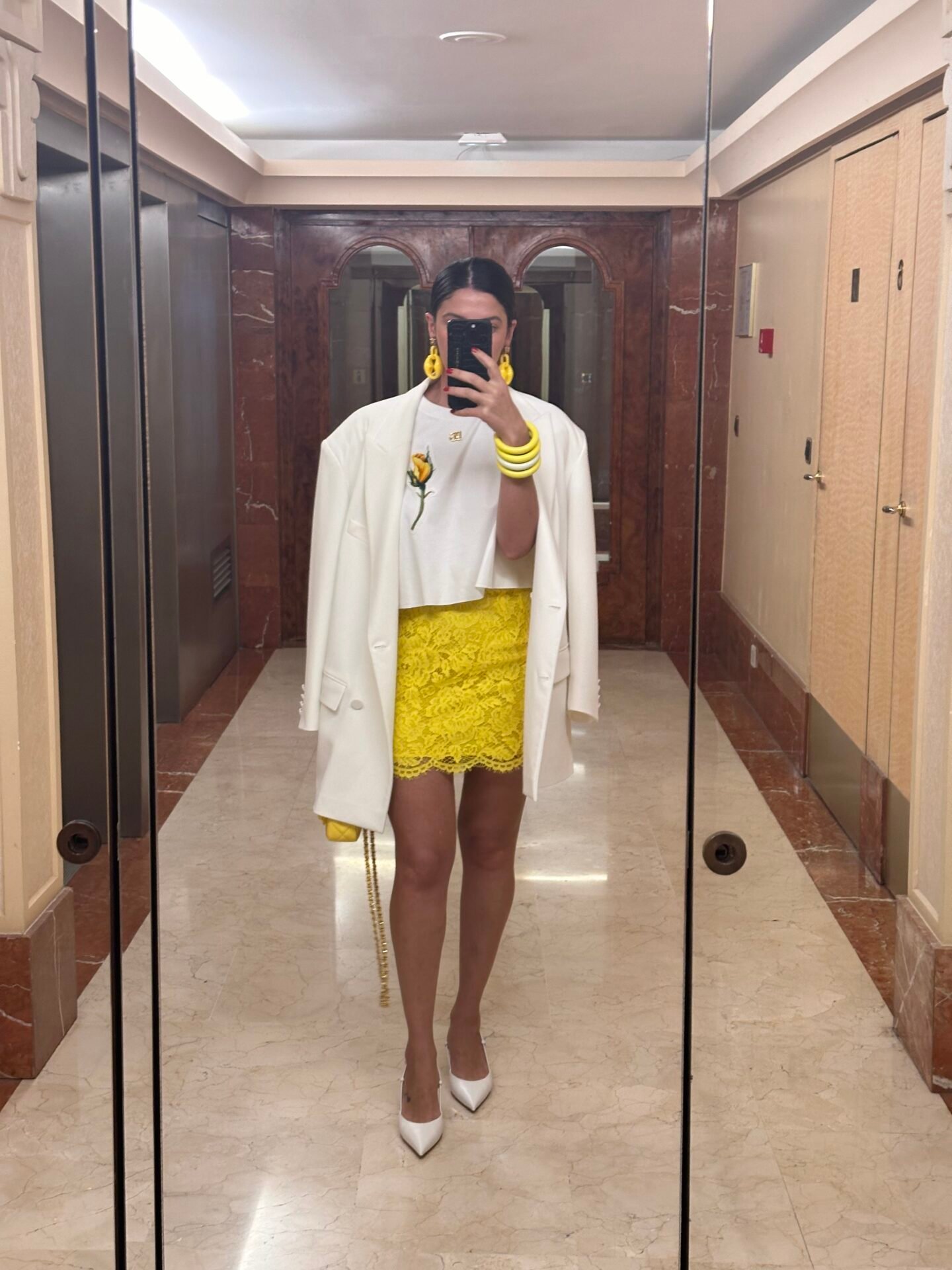 spring fling outfit - yellow skirt and white look