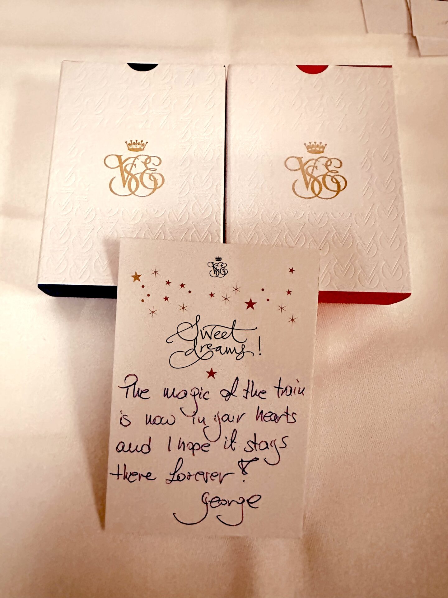 Personalized farewell card and custom gift boxes from the Venice Simplon-Orient-Express.